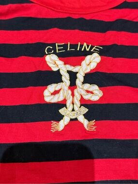 Celine Red & Black Striped Crewneck Tee with Gold Embroidery